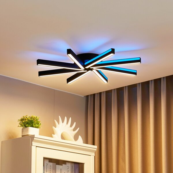 Lucande Plafonieră LED inteligentă Tjado, Ø70 cm, negru, RGBW, reglabil, Negru, Camera de zi / sufragerie, Metal, Modern