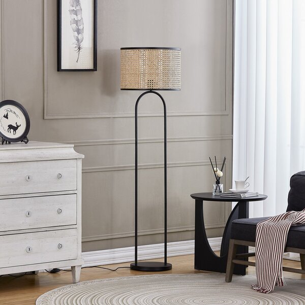 Lindby Lampă de podea Yaelle, 146 cm înălțime, rattan, negru, E27, Lemn, Camera de zi / sufragerie, Lemn, Scandinavă