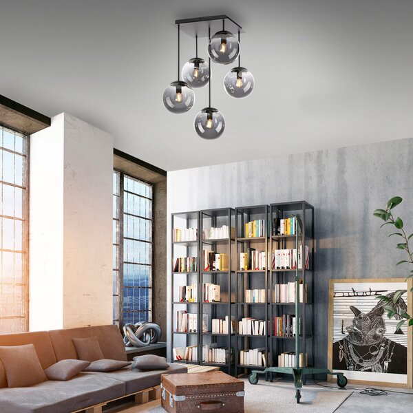 JUST LIGHT. GmbH Plafonieră Big Widow, globuri de sticlă, cinci flăcări, reglabil, Negru, Camera de zi / sufragerie, Metal, Modern, Plafon cu flacără multiplă
