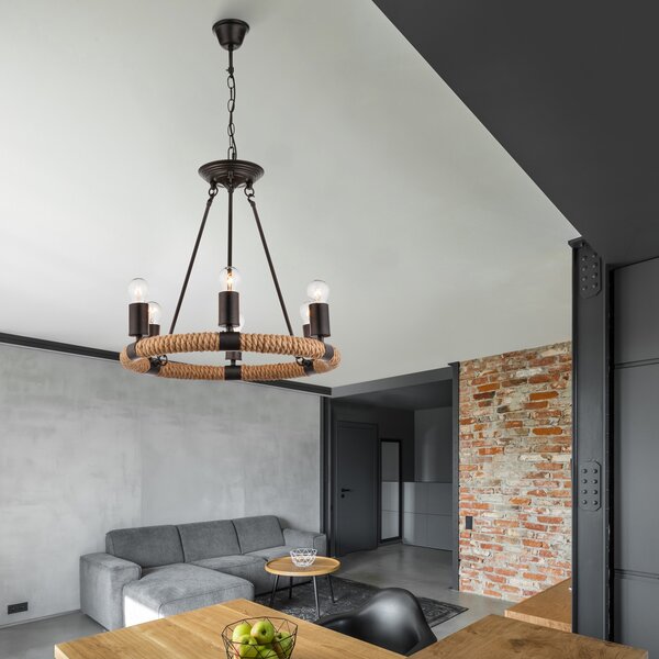 Globo Pendul LED rotund Ulleu funie de cânepă 6 becuri, reglabil, Negru, Camera de zi / sufragerie, Metal, Casă de țară / Rustic
