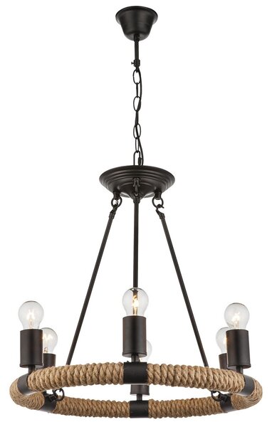 Globo Pendul LED rotund Ulleu funie de cânepă 6 becuri, reglabil, Negru, Camera de zi / sufragerie, Metal, Casă de țară / Rustic
