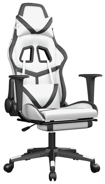 Scaun de gaming cu suport picioare, alb/negru, piele ecologică