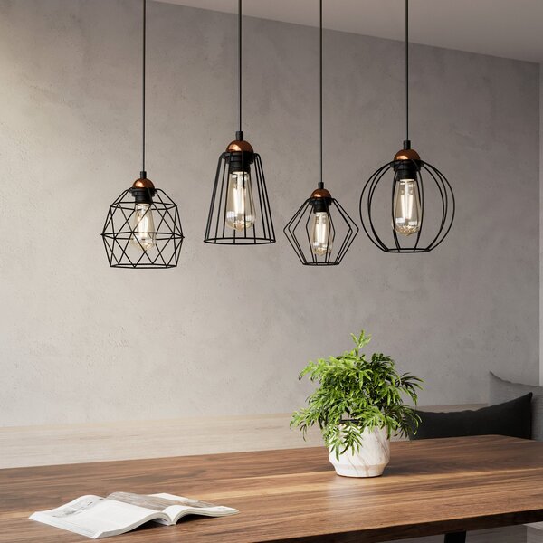 TK Lighting Lampă suspendată Galaxy cu patru abajururi tip cușcă, reglabil, Negru, Camera de zi / sufragerie, Metal, Modern