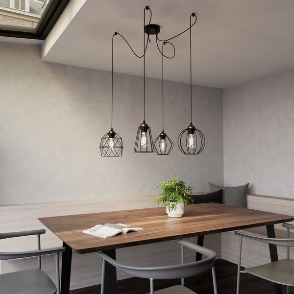 TK Lighting Lampă suspendată Galaxy cu patru abajururi tip cușcă, reglabil, Negru, Camera de zi / sufragerie, Metal, Modern