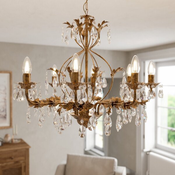 ONLI Candelabru Teresa, bronz, cristal, Ø 70 cm, 8 lumini, reglabil, Bronz / Alamă Veche, Camera de zi / sufragerie, Metal, Antichitate