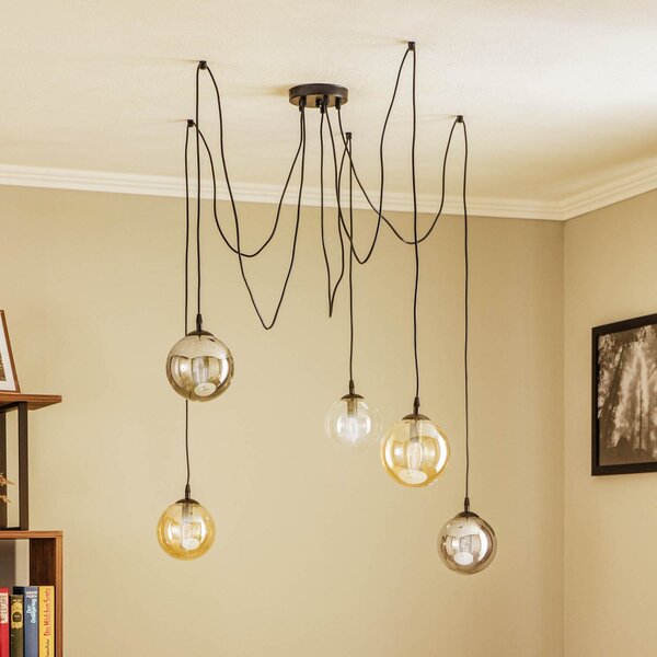 EMIBIG LIGHTING Lampă suspendată Glassy, 5 becuri, negru, grafit/chihlimbar/transparent, E14, reglabil, Negru, Camera de zi / sufragerie, Sticlă, Modern
