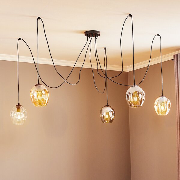 EMIBIG LIGHTING Lampă suspendată Starla, sticlă grafit/chihlimbar/transparent, 5 becuri,, reglabil, Negru, Camera de zi / sufragerie, Sticlă, Modern