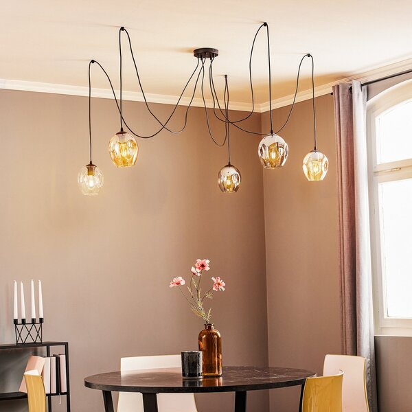 EMIBIG LIGHTING Lampă suspendată Starla, sticlă grafit/chihlimbar/transparent, 5 becuri,, reglabil, Negru, Camera de zi / sufragerie, Sticlă, Modern