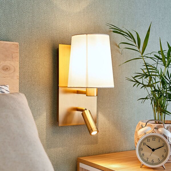 Lindby Aplică de perete Aiden, 30 cm, alamă antică, lumină lectură LED, Bronz / Alamă Veche, Camera de zi / sufragerie, Țesătură / Textil
