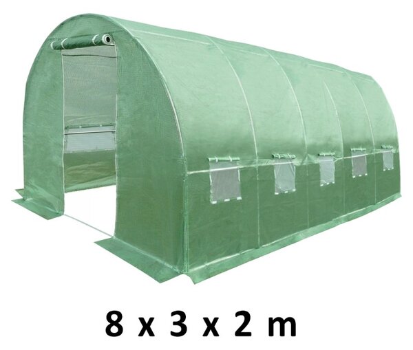Sera solar tip tunel 8x3x2 m, cadru metalic, folie PE cu filtru UV4, 10 ferestre