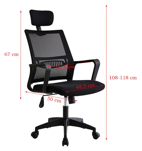 Scaun ergonomic rotativ, inaltime reglabila, tetiera integrata, mesh si burete, 48.5x50x118 cm, negru
