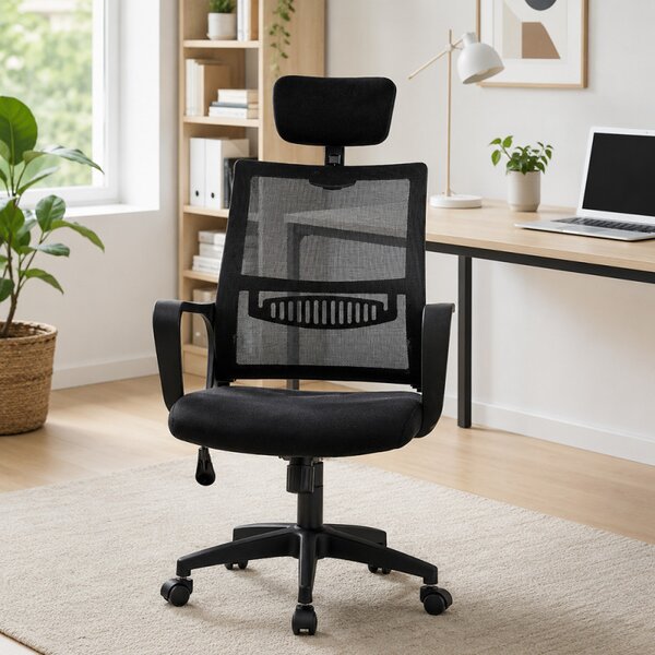 Scaun ergonomic rotativ, inaltime reglabila, tetiera integrata, mesh si burete, 48.5x50x118 cm, negru