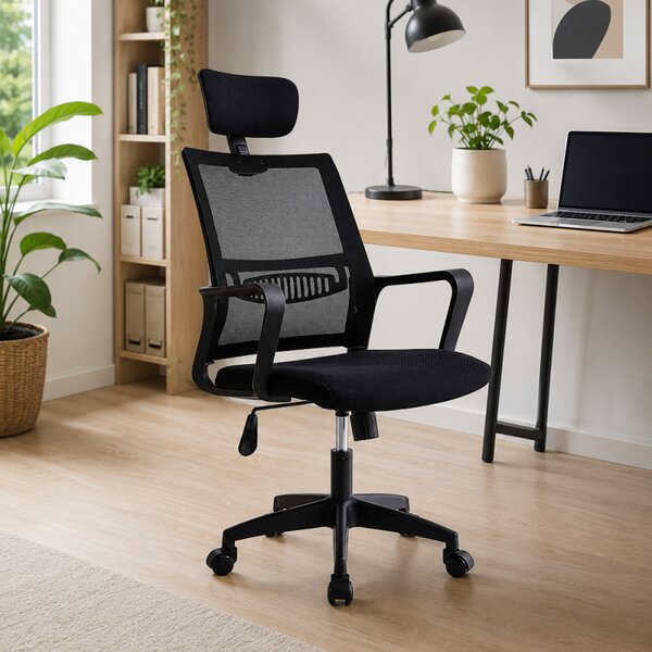 Scaun ergonomic rotativ, inaltime reglabila, tetiera integrata, mesh si burete, 48.5x50x118 cm, negru