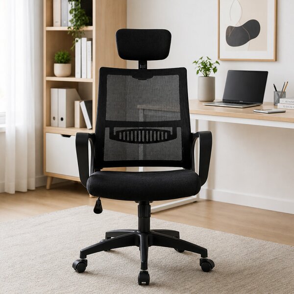 Scaun ergonomic rotativ, inaltime reglabila, tetiera integrata, mesh si burete, 48.5x50x118 cm, negru