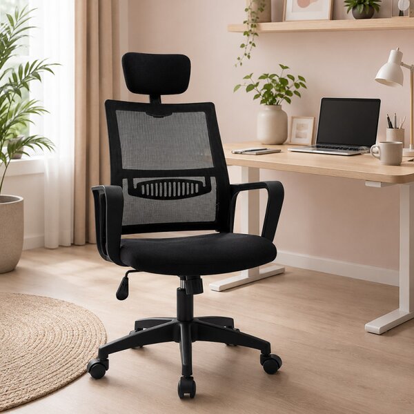 Scaun ergonomic rotativ, inaltime reglabila, tetiera integrata, mesh si burete, 48.5x50x118 cm, negru