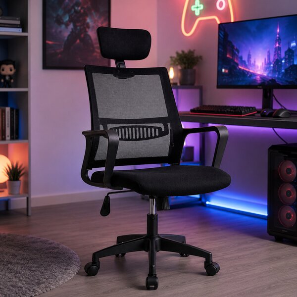 Scaun ergonomic rotativ, inaltime reglabila, tetiera integrata, mesh si burete, 48.5x50x118 cm, negru