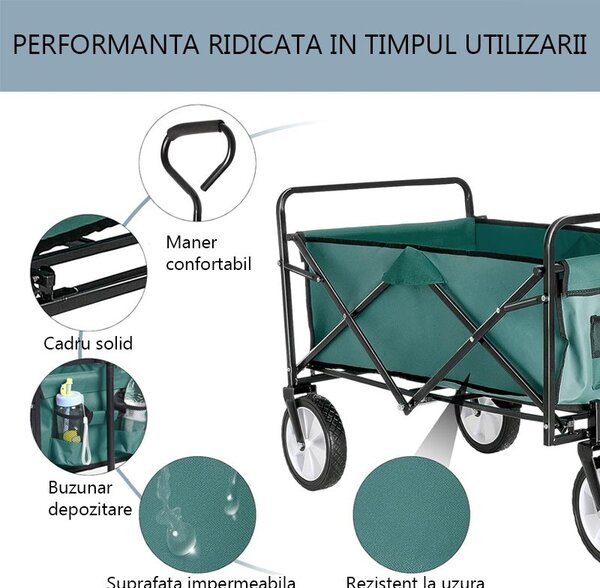 Carucior de gradina XL pliabil, 70 litri, roti pivotante, 113x91 cm, greutate 8.5 kg, verde