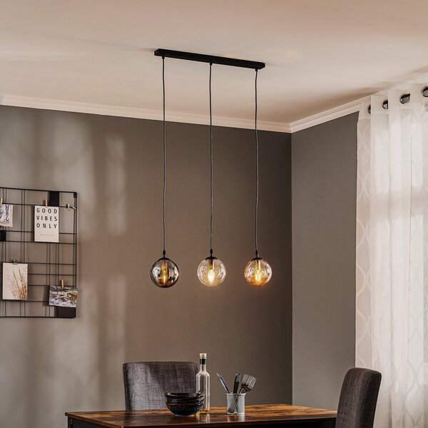 EMIBIG LIGHTING Lampă suspendată Glassy, 3 becuri, dreaptă, grafit/chihlimbar/transparent,, reglabil, Negru, Camera de zi / sufragerie, Sticlă, Modern