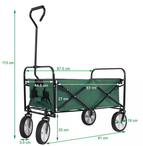 Carucior de gradina XL pliabil, 70 litri, roti pivotante, 113x91 cm, greutate 8.5 kg, verde