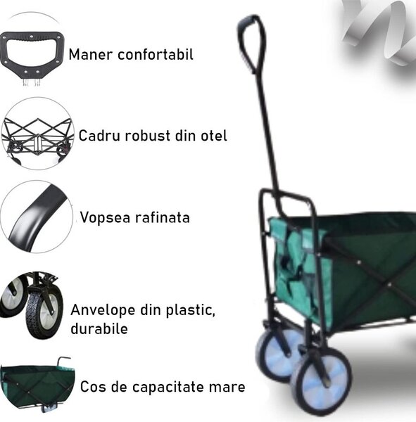 Carucior de gradina XL pliabil, 70 litri, roti pivotante, 113x91 cm, greutate 8.5 kg, verde