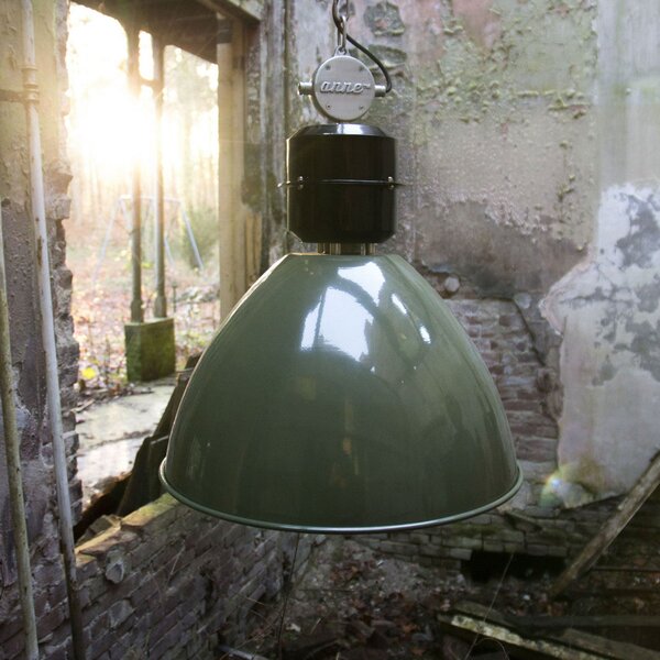 Steinhauer Lampă suspendată Frisk, verde măslin, Ø 50 cm, metal, E27, reglabil, Verde, Camera de zi / sufragerie, Metal, Design industrial