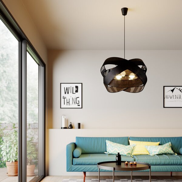 Lindby Lampă suspendată Simaria, negru, textil, Ø 60 cm, E27, reglabil, Negru, Camera de zi / sufragerie, Țesătură / Textil, Modern
