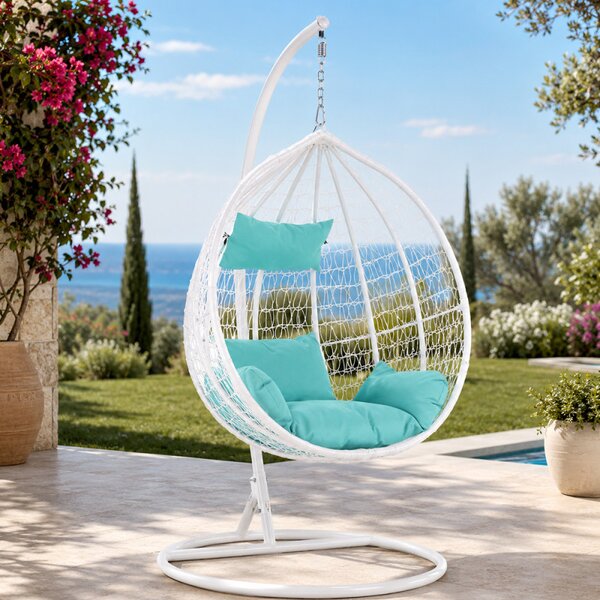 Fotoliu suspendat premium tip cuib, cadru metalic alb, perne Aqua, 103x107x195 cm, maxim 120 kg