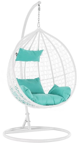 Fotoliu suspendat premium tip cuib, cadru metalic alb, perne Aqua, 103x107x195 cm, maxim 120 kg