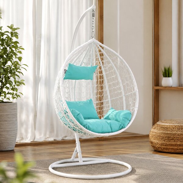 Fotoliu suspendat premium tip cuib, cadru metalic alb, perne Aqua, 103x107x195 cm, maxim 120 kg