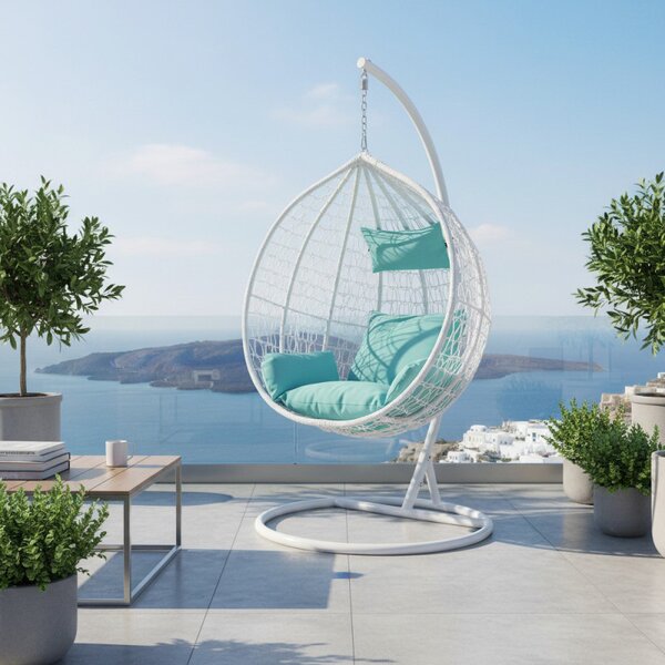 Fotoliu suspendat premium tip cuib, cadru metalic alb, perne Aqua, 103x107x195 cm, maxim 120 kg