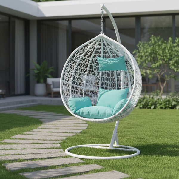 Fotoliu suspendat premium tip cuib, cadru metalic alb, perne Aqua, 103x107x195 cm, maxim 120 kg