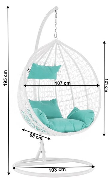 Fotoliu suspendat premium tip cuib, cadru metalic alb, perne Aqua, 103x107x195 cm, maxim 120 kg