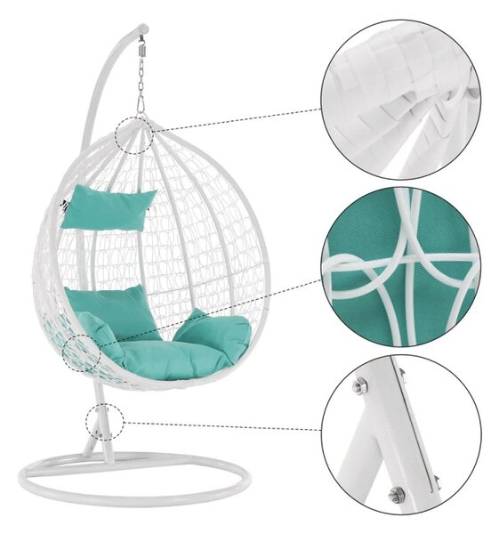 Fotoliu suspendat premium tip cuib, cadru metalic alb, perne Aqua, 103x107x195 cm, maxim 120 kg