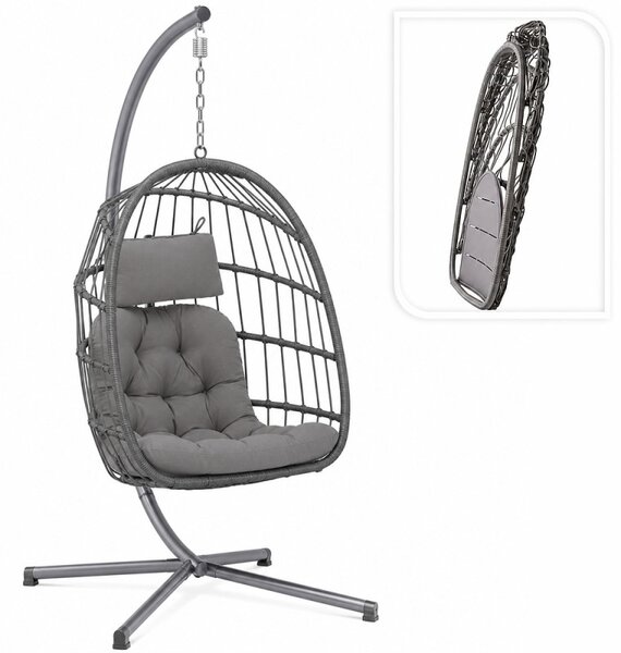 Fotoliu suspendat tip ou, pliabil, cu suport, poliratan PE, cadru metalic, perne incluse, gri antracit, 62x71x195 cm