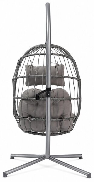 Fotoliu suspendat tip ou, pliabil, cu suport, poliratan PE, cadru metalic, perne incluse, gri antracit, 62x71x195 cm