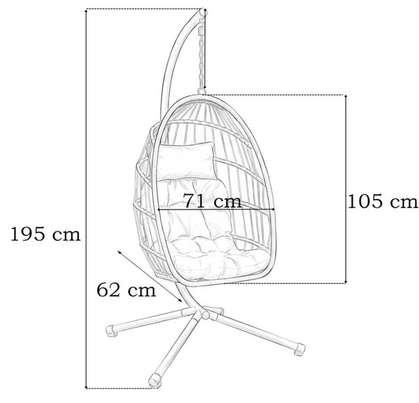 Fotoliu suspendat tip ou, pliabil, cu suport, poliratan PE, cadru metalic, perne incluse, gri antracit, 62x71x195 cm