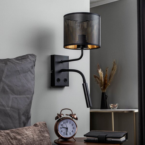 Luminex Aplică de perete Jovin cu 1 bec spot negru/auriu, Negru, Camera de zi / sufragerie, Metal, Modern, Lumină de lectură