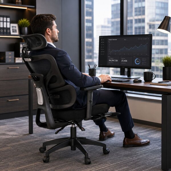 Scaun ergonomic premium pentru birou, tetiera reglabila, suport lombar reglabil, suport picioare