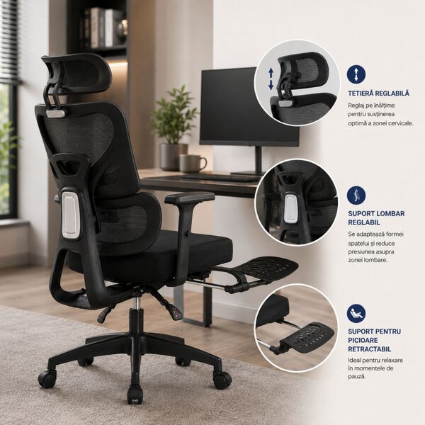 Scaun ergonomic premium pentru birou, tetiera reglabila, suport lombar reglabil, suport picioare