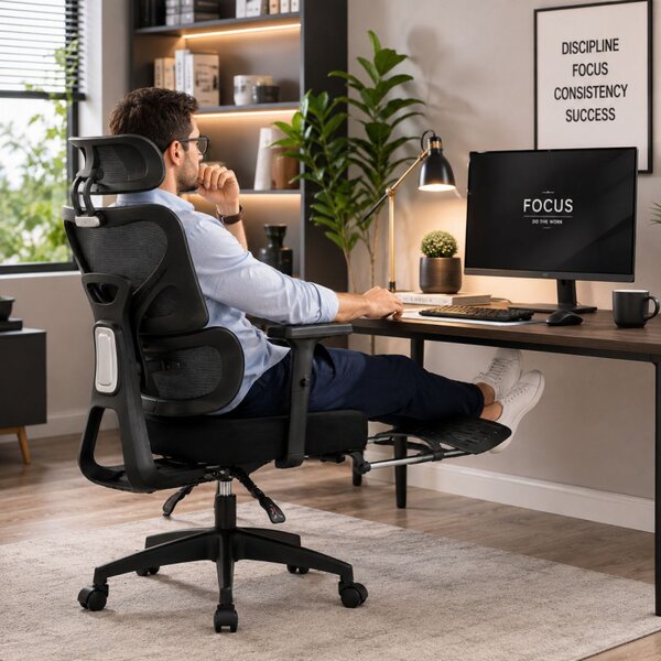 Scaun ergonomic premium pentru birou, tetiera reglabila, suport lombar reglabil, suport picioare