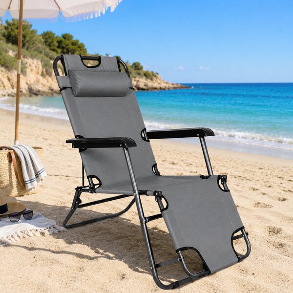 Sezlong pliabil tip scaun, pentru camping sau plaja, cotiere PVC, tetiera detasabila, 153x60x79 cm