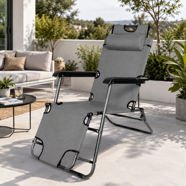 Sezlong pliabil tip scaun, pentru camping sau plaja, cotiere PVC, tetiera detasabila, 153x60x79 cm