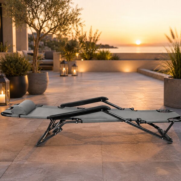 Sezlong pliabil tip scaun, pentru camping sau plaja, cotiere PVC, tetiera detasabila, 153x60x79 cm