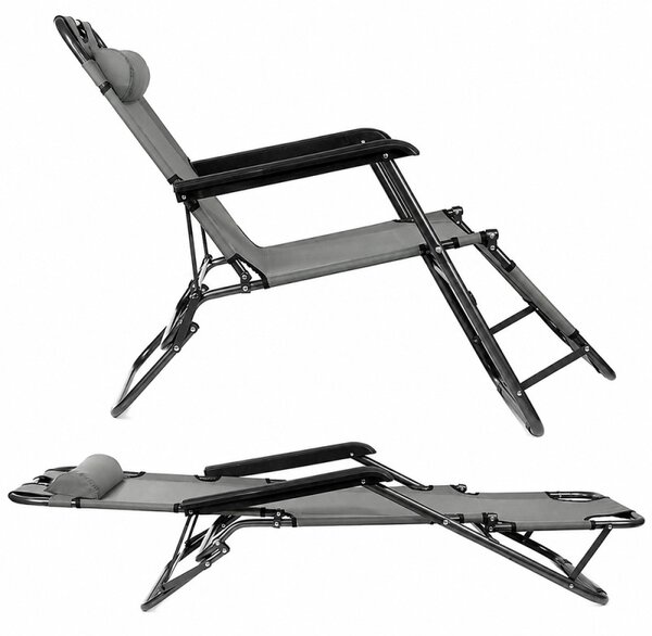 Sezlong pliabil tip scaun, pentru camping sau plaja, cotiere PVC, tetiera detasabila, 153x60x79 cm