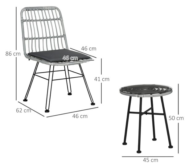 Outsunny Set Mobilier Grădină 3 Piese din Ratan, Salon Exterior cu Măsuță de Cafea și Scaune, Ideal pentru Spații Deschise, Gri | Aosom Romania