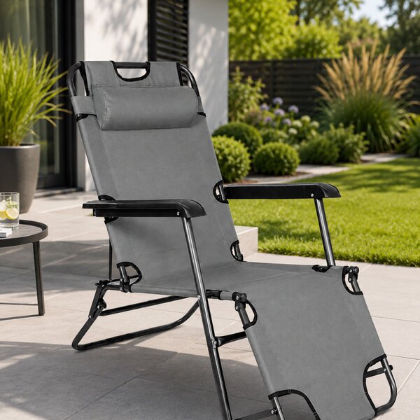 Sezlong pliabil tip scaun, pentru camping sau plaja, cotiere PVC, tetiera detasabila, 153x60x79 cm