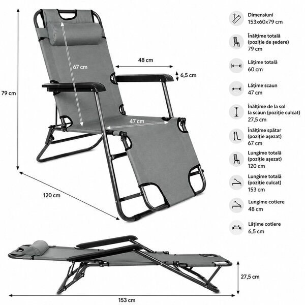 Sezlong pliabil tip scaun, pentru camping sau plaja, cotiere PVC, tetiera detasabila, 153x60x79 cm