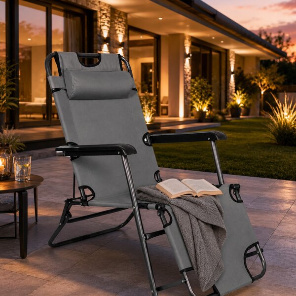 Sezlong pliabil tip scaun, pentru camping sau plaja, cotiere PVC, tetiera detasabila, 153x60x79 cm