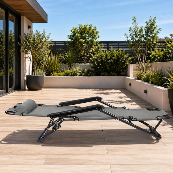 Sezlong pliabil tip scaun, pentru camping sau plaja, cotiere PVC, tetiera detasabila, 153x60x79 cm
