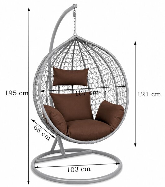 Fotoliu suspendat oval, perna si tetiera, structura otel, gri antracit/maro, 103x107x195 cm